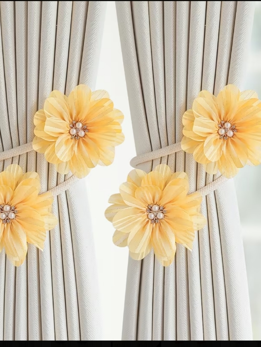 Yellow Floral Curtain Tiebacks with Pearl Center
